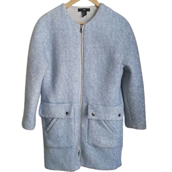 𝅺H&M Light Blue & White Wool Zipper Front Flat Pockets Minimalist Boucle Size 4 - Picture 2 of 14